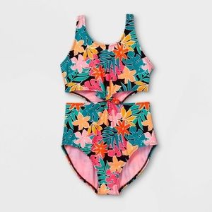 Girls' Tropical Floral Print Tie-Front One Piece Swimsuit - art class Size 6/6x